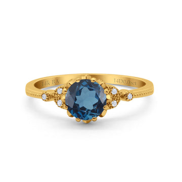 14K Yellow Gold 1.34ct Round Art Deco Fashion 7mm G SI London Blue Topaz Diamond Engagement Wedding Ring Size 6.5